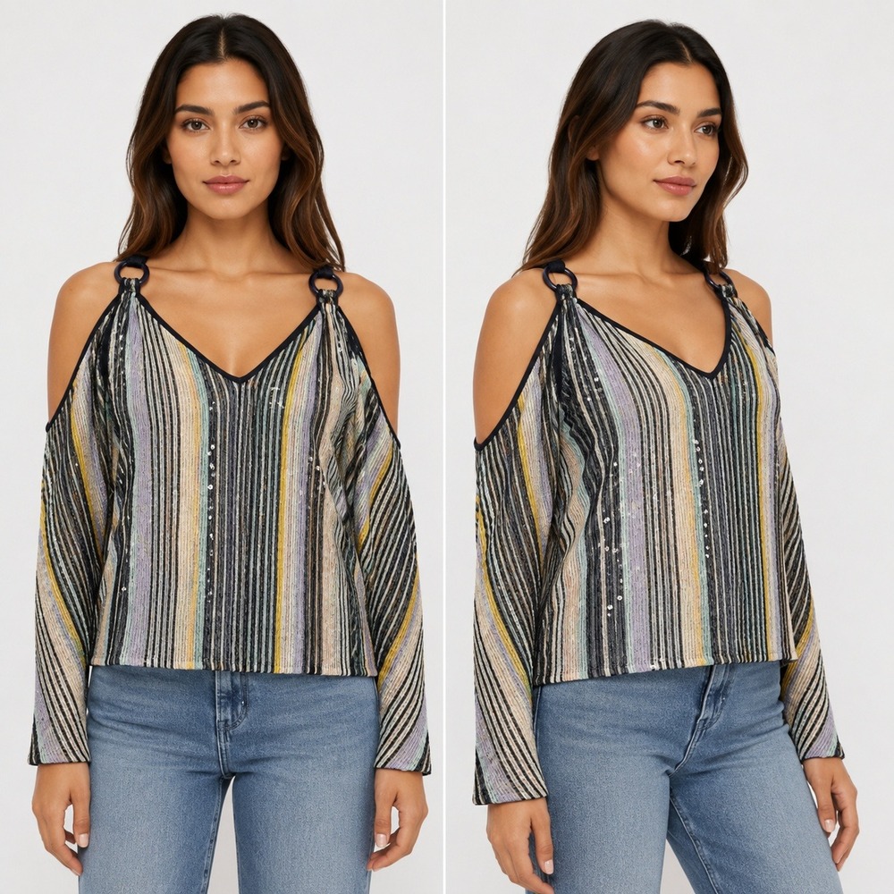 Missoni Striped Sequin Cold Shoulder Knit Top Multicolor V-Neck Made in Italy 44